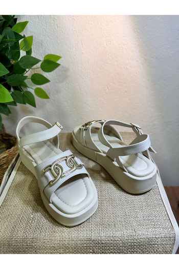 PACSHE Beige Women's Casual Sandals - Gold Detailed