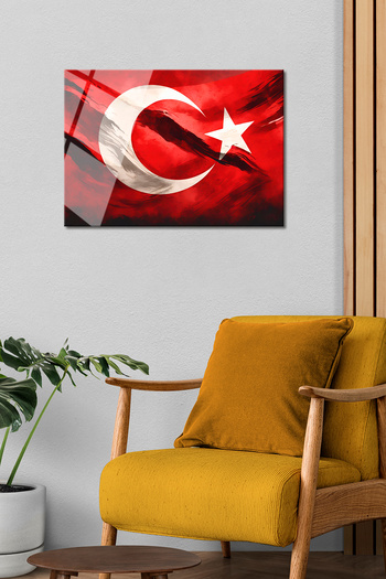 BV DEKOR TÜRK BAYRAĞI CAM TABLO-AY YILDIZ TÜRKİYE BAYRAĞI DEKORATİF CAM TABLO-DEKORATİF EV TABLO-OFİS HEDİYE