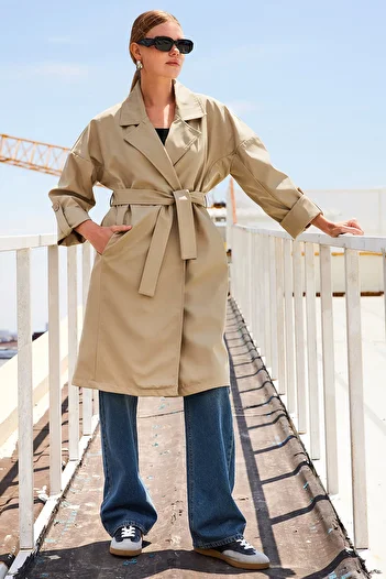 Bigdart 9104 Double Breasted Neckline Lined Trench Coat - A.Khaki