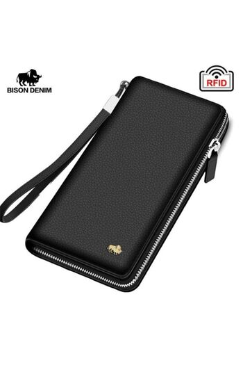 BISON DENIM Men's Zippered Accordion Genuine Leather Card Holder Wallet with Rfid Protection