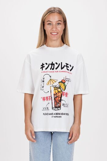 Ecrou Japanese Character Printed Ecru Oversize Women's T-Shirt