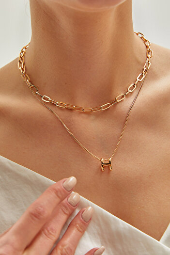 Bianco Lucci Double Ring Chain Detailed Women's Necklace - AKSS288