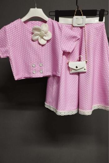 Riccotarz Girl's Polka Dot Button Detailed Pink Skirt Suit