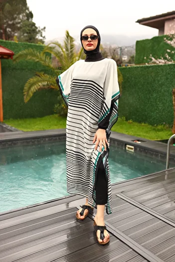 ButikKardelen Camellia Striped Patterned Pareo Hijab Swimsuit 5-Piece Set Black