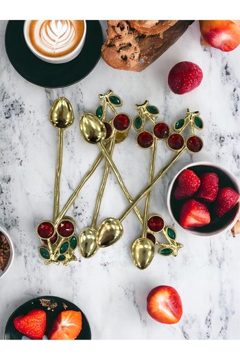 CHANCE GİFT Cherry Tea Spoon Set of 6 Gold Cherry Coffee Tea Presentation Spoons Gift Spoons Decorative Spoon