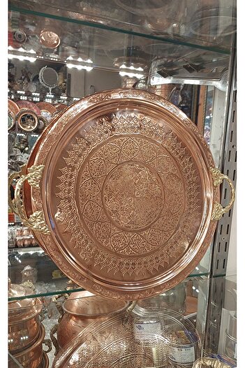 Bakır Center Copper Tray & Copper Presentation Tray 38 cm Copper Ottoman Heavy Hand Embroidered Tray Henna Tray