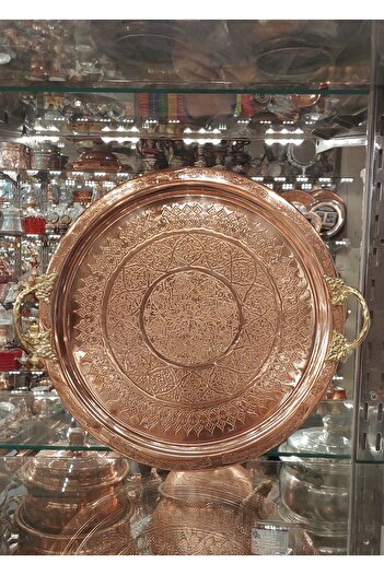 Bakır Center Copper Tray & Copper Presentation Tray 38 cm Copper Ottoman Heavy Hand Embroidered Tray Henna Tray