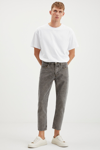 GRIMELANGE Gilberto Men's Carrot Fit Carrot Leg Distressed Washed Thick Textured Denim Gray Jeans