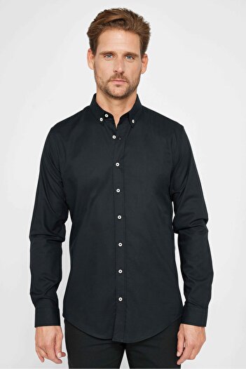 Tudors Black Slim Fit Oxford Cotton Shirt - Buttoned Collar