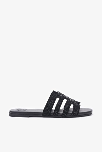 Louis Cardy Pila Black Genuine Leather Women's Stone Detailed Slippers