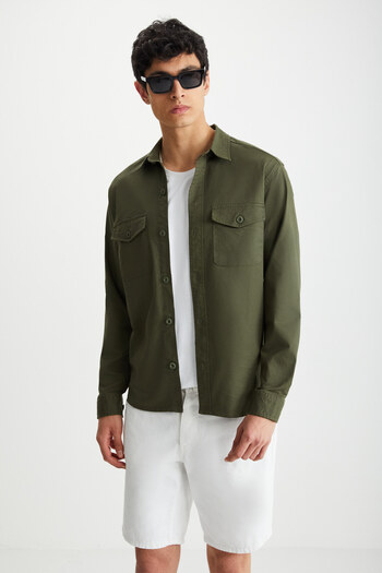 GRIMELANGE Nader Men's Thick Woven Canvas Fabric Shirt Type Khaki Jacket