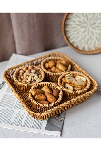 KaiHome 5 Parça Rattan Görünümlü Çerezlik / Sunumluk / Piknik Seti
