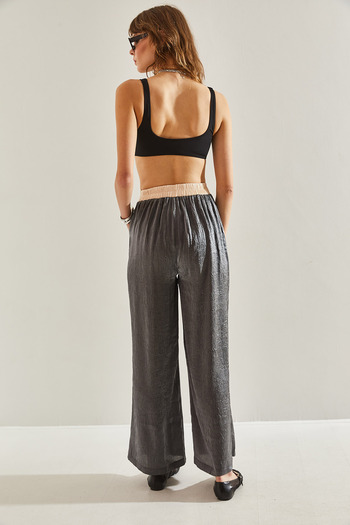 Bianco Lucci Women's Palazzo Trousers with High Waist Jacquard and Tie-Up Rope Detail -60251119