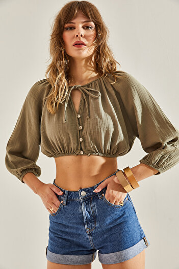 Bianco Lucci Muslin Crop Shirt - Tie Collar, Waist and Sleeve Elastic60251135