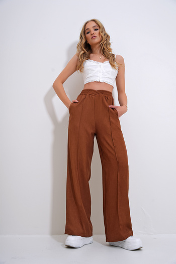 Trend Alaçatı Stili Cinnamon Color Women's Palazzo Trousers - Double Breasted and Elastic Waist ALC-X12369