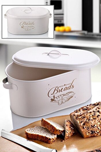FlamingoHome Peak Tech White Bread Cream Bread Bowl with Metal Lid