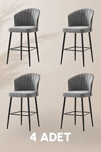 MYMASSA Rubi Bar Sandalye - Keten Gri - Siyah Metal Ayak - Bar Taburesi / Bar Sandalyesi (4 ADET)