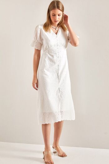 Bianco Lucci Slim Fit Buttoned Front Elastic Sleeve Scallop Women's Dress -40881006