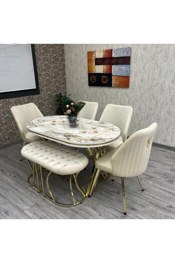 BY ORHAN GÜZEL Mutfak Masa Sandalye Takımı Karnel 80-140 Oval Gold Beyaz Mermer Benchli? 6 Ki?şi?li?k