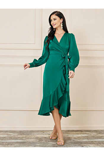 Styli Ruffle Asymmetric Hem Wrap Midi Dress