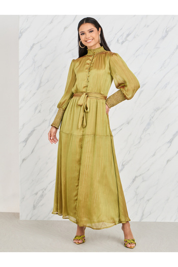 Styli Lurex Striped High Neck Smocked Detail Tiered Maxi Dress