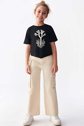 Riccotarz Girl's Tree Pattern Printed Short Sleeve T-Shirt Cargo Pocket Cream Trousers Bottom Top Set