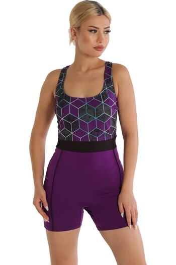Argisa Modeled Swimming Swimsuit with Patterned Shorts 6526 Purple Plus Size