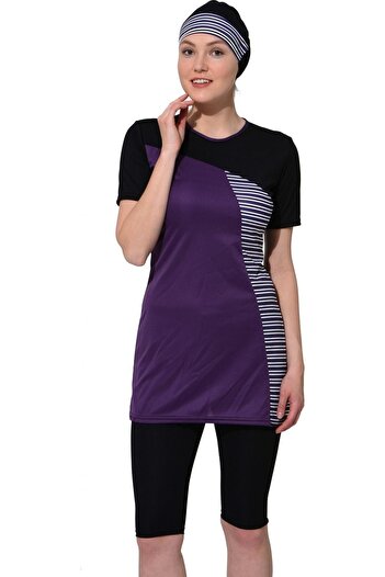 Argisa Half Sleeve Striped Semi Hijab Swimsuit 7826 Purple Black