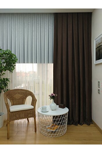 Evdepo Home Light Brown Solid Color Soft Background Curtain, Pleatless Flat Planting, Extrafor Drawstring, Single Wing