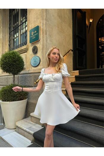 Touz Moda Sırt Drapeli İthal Ayrobin Kumaş Astarlı Beyaz Elbise