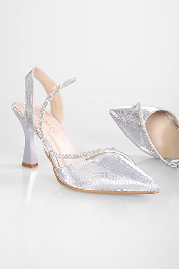 Shoeberry Wilda Women's Silver Stiletto - Honeycomb Pattern and Rhinestone Piping