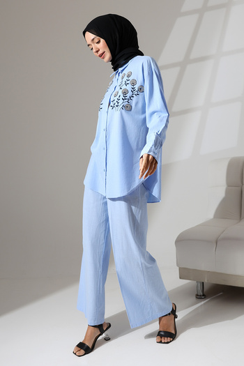 Mihran Butik 100% Cotton Linen - Comfortable Casual Set, Flower Patterned Embroidery and Stone Detailed Shirt and Trousers