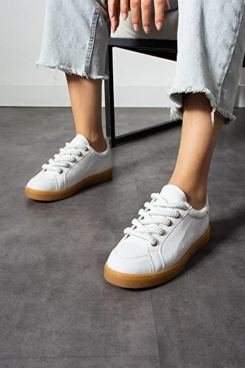 KOTAN Comfortable Leather Look White Women's Sneakers - Thick Lace-up Sneakers