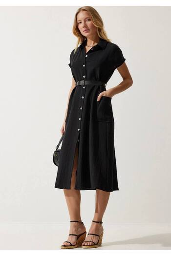 ribana Rochie midi din in - cu buzunare si curea
