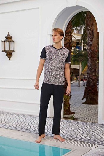Doreanse Men's Buttoned College Collar Printed Black Cotton Short Sleeve Pajamas Set 4821