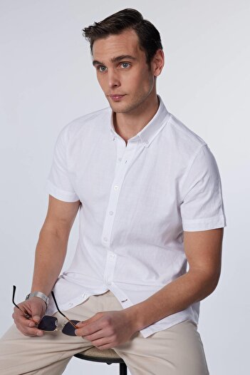 Tudors White Slim Fit Shirt - 100% Cotton, Linen Texture, Button Collar, Short Sleeve