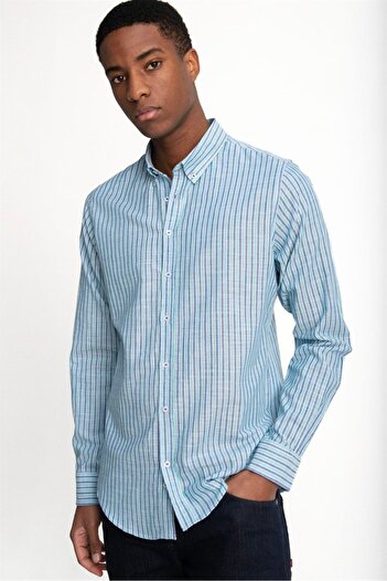 Tudors Slim Fit Long Sleeve Striped Linen Button Collar Sports Men's Turquoise Shirt