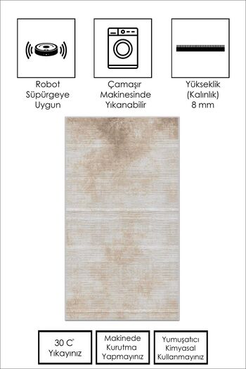 Confidence Home Makinede Yıkanabilir Kaymaz Taban Leke Tutmaz Bej Salon Halısı Mutfak Halısı ve Yolluk