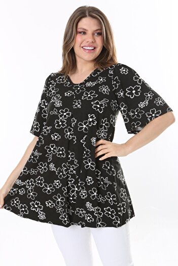 Şans Women's Large Size Black Front A Pleated V-Neck Tunic 65N37793