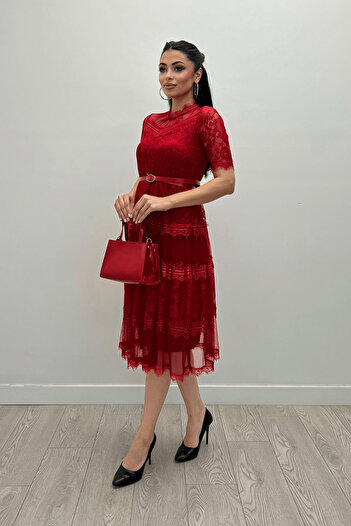 giyimmasalı Red Midi Dress - Tulle Fabric and Lace Detail