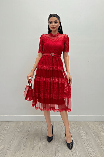 giyimmasalı Red Midi Dress - Tulle Fabric and Lace Detail
