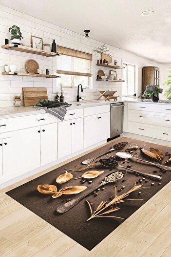 EY HOME 3D Dijital Baskılı Kaymaz Taban Baharat Temalı Mutfak Halısı, MUTFAK-27-KAHVE,