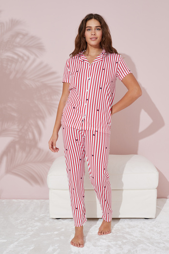 Siyah İnci Heart Patterned Red Striped Knitted Pajama Set - Buttoned