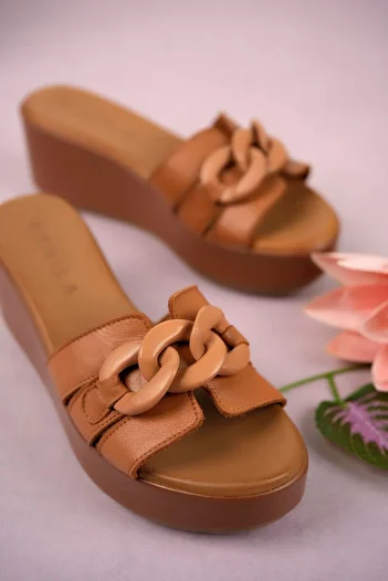 ERNİLA Genuine Leather Wedge Heel Buckle Slippers