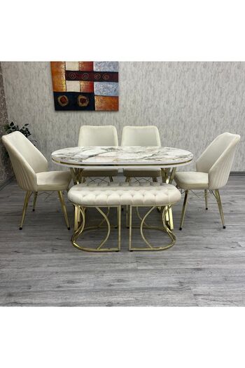BY ORHAN GÜZEL Mutfak Masa Sandalye Takımı Karnel 80-140 Oval Gold Beyaz Mermer Benchli? 6 Ki?şi?li?k