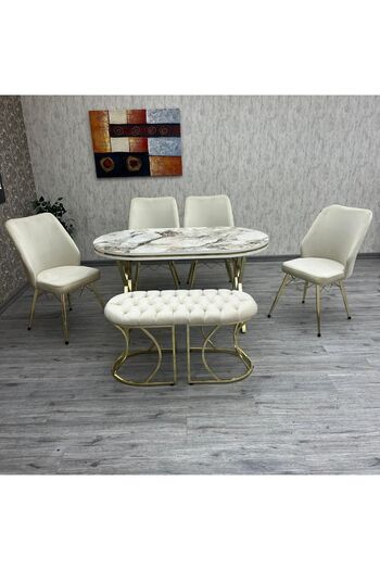 BY ORHAN GÜZEL Mutfak Masa Sandalye Takımı Karnel 80-140 Oval Gold Beyaz Mermer Benchli? 6 Ki?şi?li?k
