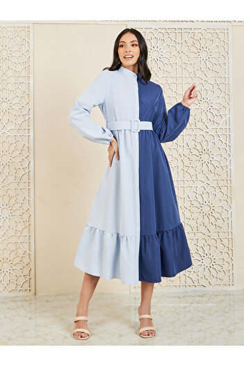 Styli Colorblock High Neck Belted Shirt Midi Dress