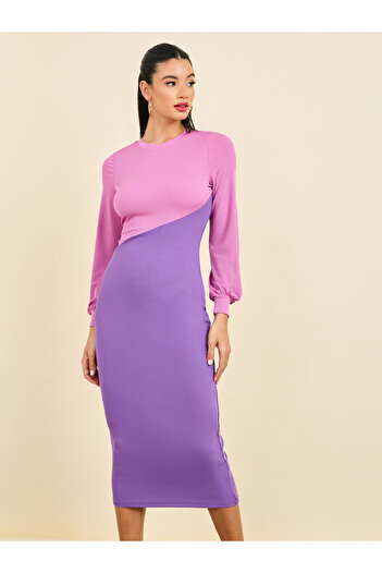 Styli Colorblock Long Sleeves Bodycon Midi Dress