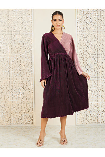 Styli Plisse Colorblock A-Line Midi Dress
