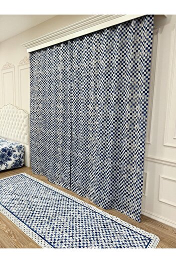 Brillant Pilesiz Ekstraforlu Damalı Fon Perde - Mavi